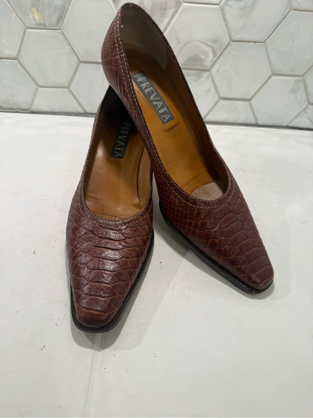 Prevata VTG Brown Leather Pumps Textured Animal Print Sz 10 Handcrafted In Italy - Picture 2 of 9